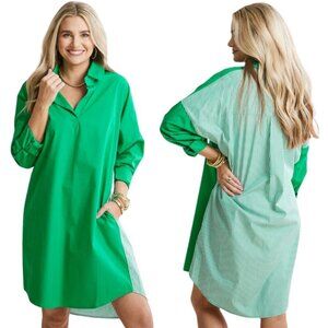 Caryn Lawn Preppy Gameday Back Stripe Mini Shirt Dress Womens One Size Green NWT